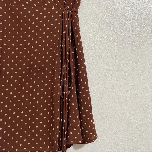 Reformation Lucky Wrap Mini Dress in Cappuccino Brown & White Polka Dot Print - Picture 8 of 14